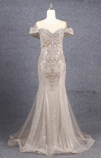 Luxurious Champagne Gold Mermaid Off-The-Shoulder Beaded Tulle Long Prom Dresses Evening Dresses