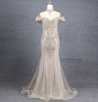 Luxurious Champagne Gold Mermaid Off-The-Shoulder Beaded Tulle Long Prom Dresses Evening Dresses