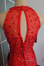 Luxurious Crystal Beaded Halter Mermaid Evening Dresses Leg Split Prom Gowns