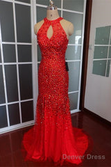 Luxurious Crystal Beaded Halter Mermaid Evening Dresses Leg Split Prom Gowns
