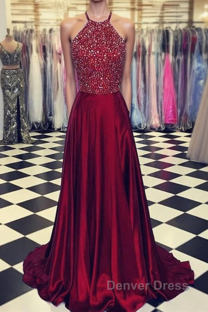 Luxurious Crystal Halter Prom Dresses Long Satin Leg Split Evening Gowns