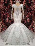 Luxurious Crystals Mermaid Bridal Gown Long Sleevess Chapel Train Wedding Dresses