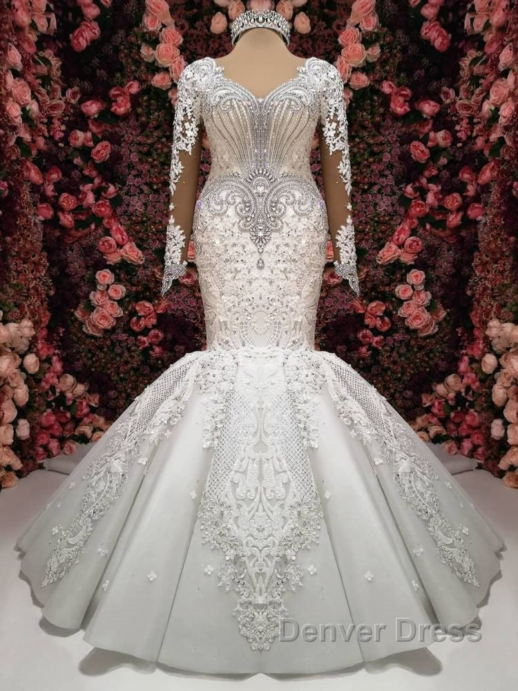 Luxurious Crystals Mermaid Bridal Gown Long Sleevess Chapel Train Wedding Dresses