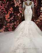Luxurious Crystals Mermaid Bridal Gown Long Sleevess Chapel Train Wedding Dresses