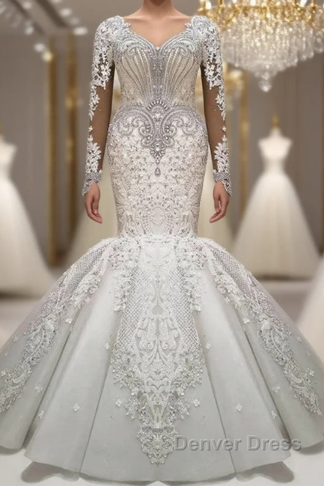 Luxurious Crystals Mermaid Bridal Gown Long Sleevess Chapel Train Wedding Dresses
