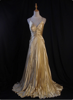 Luxurious Elegant Yellow A-Line V-Neck Spaghetti Strap Knot Ruched Satin Long Prom Dresses Evening Dresses