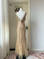 Luxurious Gold V-Neck Mermaid Sequined Long Prom Dresses Evening Dresses