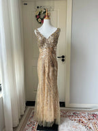Luxurious Gold V-Neck Mermaid Sequined Long Prom Dresses Evening Dresses