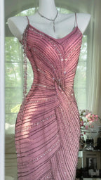 Luxurious Heavy Pink Tassel Beaded Mermaid Prom Dress