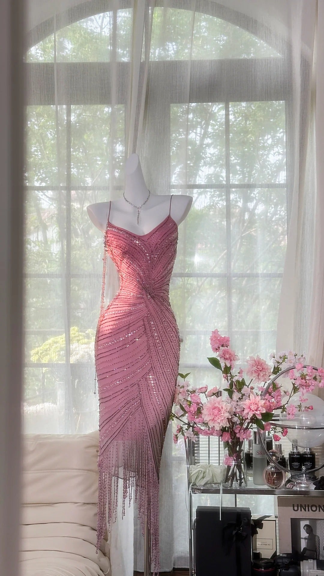 Luxurious Heavy Pink Tassel Beaded Mermaid Prom Dress