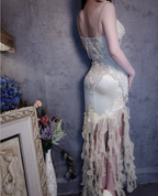 Luxurious Ivory Mermaid Thin Strap Pearl Ruffled Satin Long Prom Dresses Evening Dresses