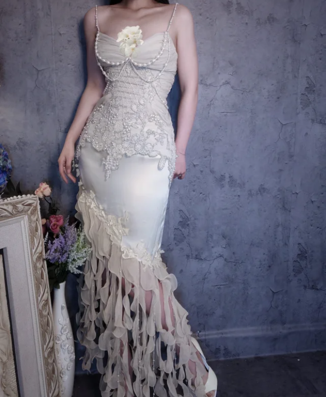 Luxurious Ivory Mermaid Thin Strap Pearl Ruffled Satin Long Prom Dresses Evening Dresses Main image