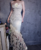 Luxurious Ivory Mermaid Thin Strap Pearl Ruffled Satin Long Prom Dresses Evening Dresses