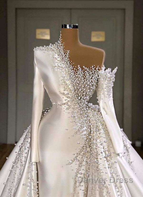 Luxurious Long Sleeve Pearls Overskirt Wedding Dresses Online