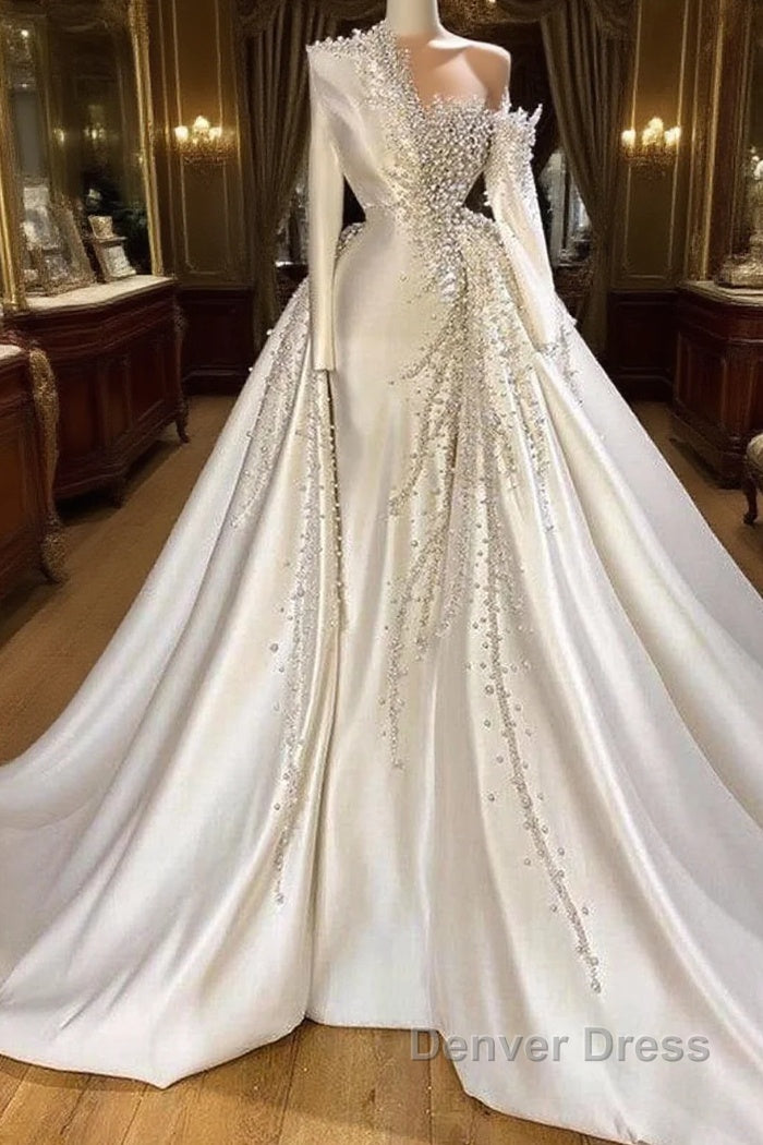 Luxurious Long Sleeve Pearls Overskirt Wedding Dresses Online Main image