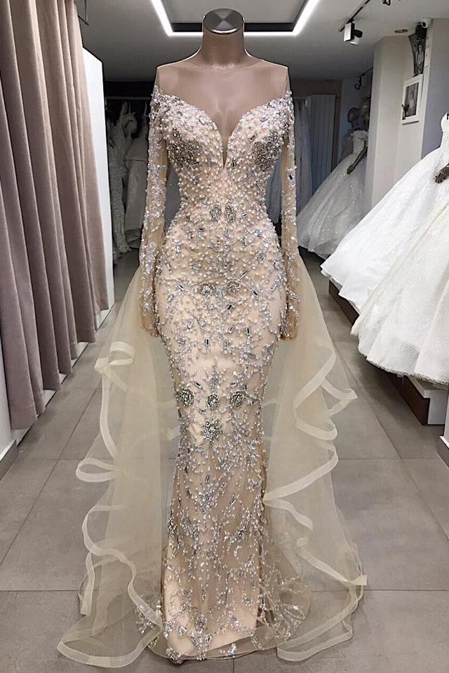 Luxurious Long Sleeves Off-The-Shoulder Prom Party Gowns With Fully-Covered Beads Secondary image