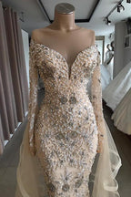 Luxurious Long Sleeves Off-The-Shoulder Prom Party Gowns With Fully-Covered Beads