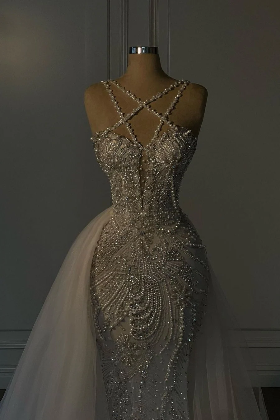 Luxurious Mermaid V-Neck Spaghetti Strap Complicated Beaded Over-Skirt Wedding Dresses Secondary image