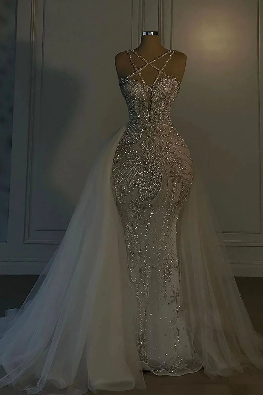 Luxurious Mermaid V-Neck Spaghetti Strap Complicated Beaded Over-Skirt Wedding Dresses Main image