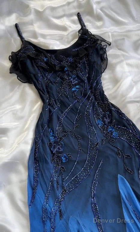 Luxurious Navy Blue Chiffon Beaded Prom Dress