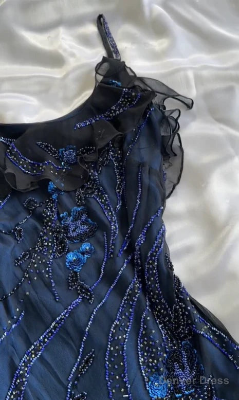 Luxurious Navy Blue Chiffon Beaded Prom Dress
