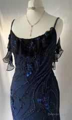 Luxurious Navy Blue Chiffon Beaded Prom Dress