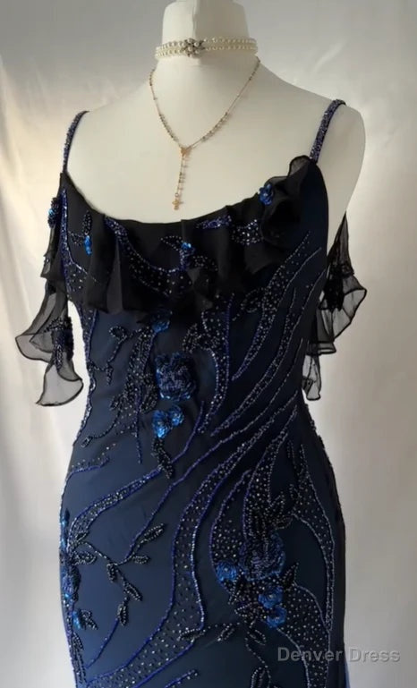 Luxurious Navy Blue Chiffon Beaded Prom Dress
