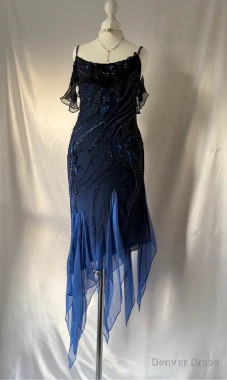 Luxurious Navy Blue Chiffon Beaded Prom Dress