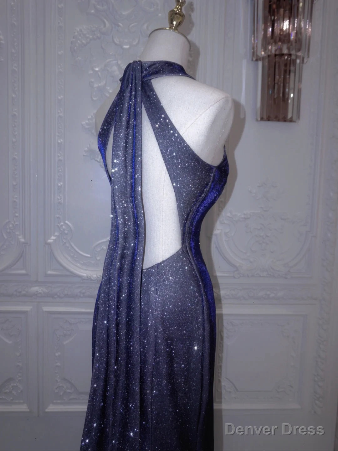 Luxurious Navy Blue Long Prom Gowns Mermaid Halter Neck Backless Prom Dresses