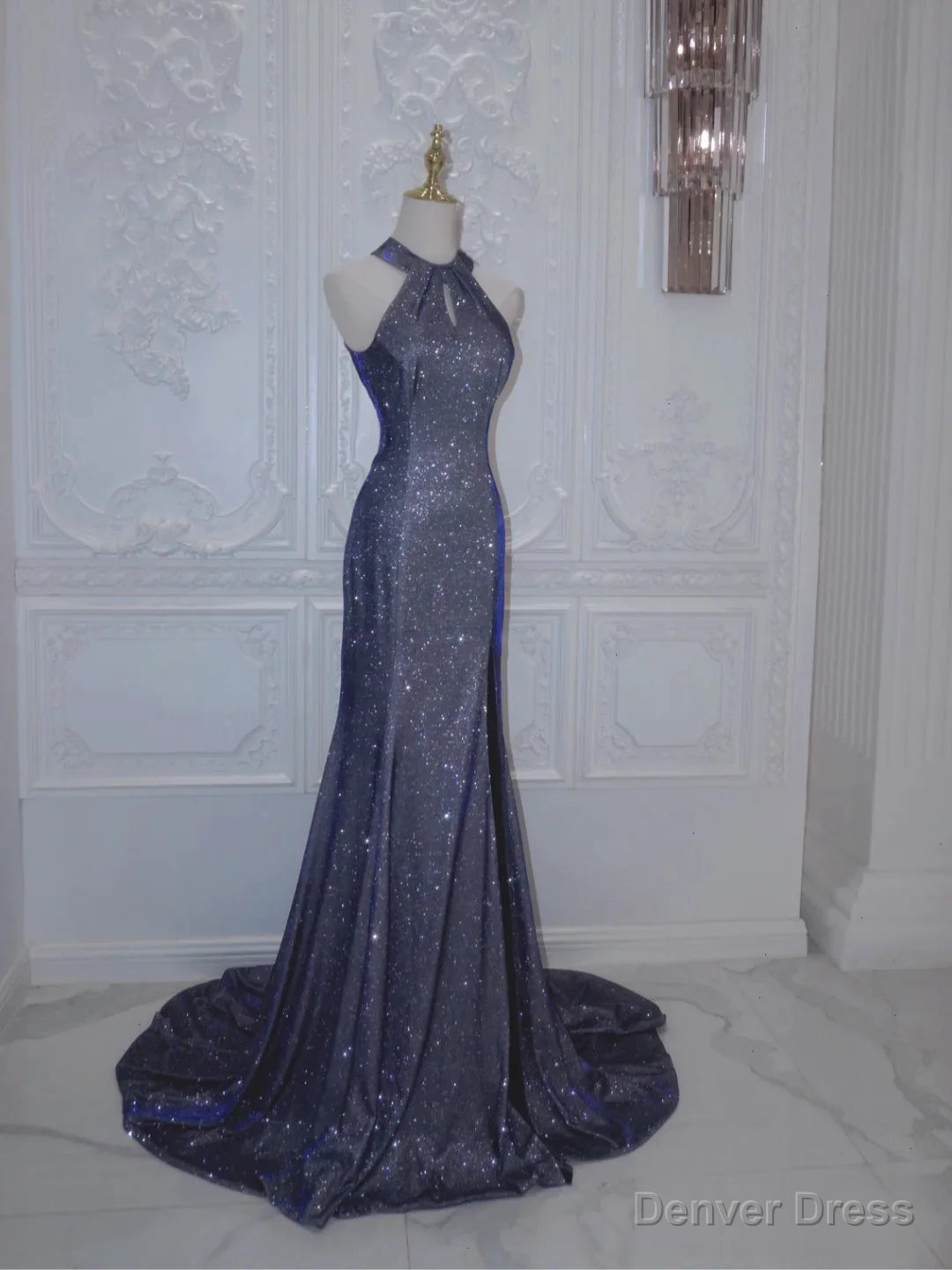 Luxurious Navy Blue Long Evening Gown Mermaid Halter Neck Backless Party Dress Main image