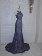 Luxurious Navy Blue Long Prom Gowns Mermaid Halter Neck Backless Prom Dresses