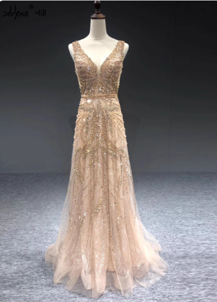 Luxurious Nude Pink A-Line V-Neck Beaded Embroidered Tulle Long Prom Dresses Evening Dresses