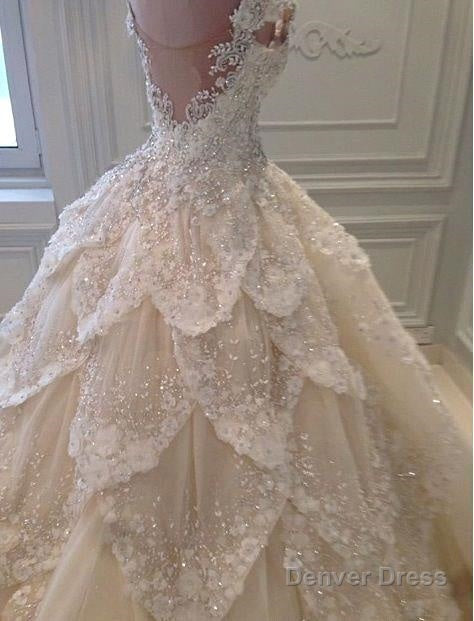 Luxurious Off the Shoulder Beading Wedding Dresses Crystal Tiered Chapel Train Bridal Gown Secondary image
