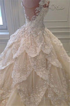 Luxurious Off the Shoulder Beading Wedding Dresses Crystal Tiered Chapel Train Bridal Gown
