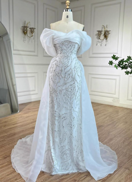Luxurious Palace White Mermaid Off-The-Shoulder Beaded Tulle Train Prom Dresses Evening Dresses Secondary image