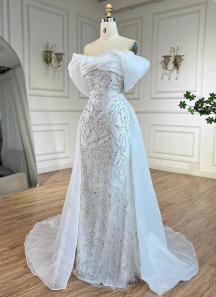 Luxurious Palace White Mermaid Off-The-Shoulder Beaded Tulle Train Prom Dresses Evening Dresses