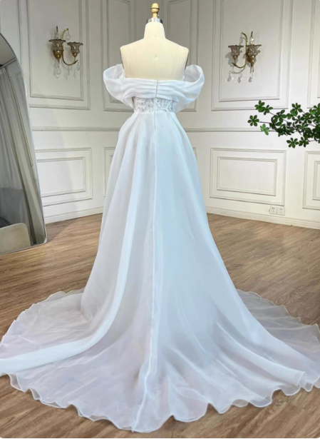 Luxurious Palace White Mermaid Off-The-Shoulder Beaded Tulle Train Prom Dresses Evening Dresses