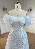 Luxurious Palace White Mermaid Off-The-Shoulder Beaded Tulle Train Prom Dresses Evening Dresses
