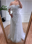 Luxurious Palace White Mermaid Off-The-Shoulder Beaded Tulle Train Prom Dresses Evening Dresses
