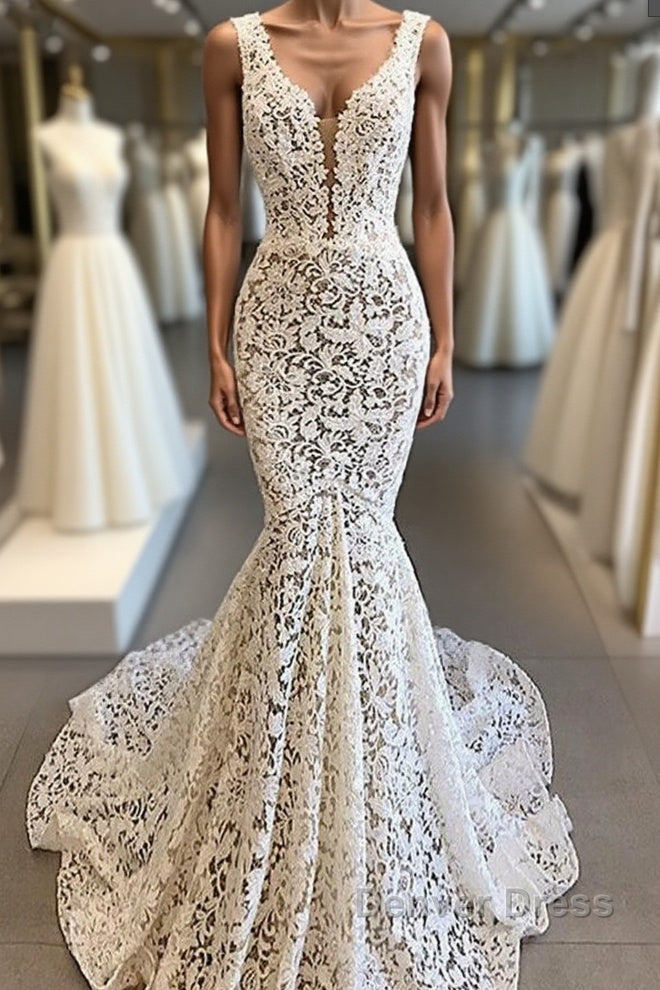 Luxurious Plunging V neck Mermaid Lace Wedding Dresses Romantic Bridal Gowns for Garden Wedding Main image
