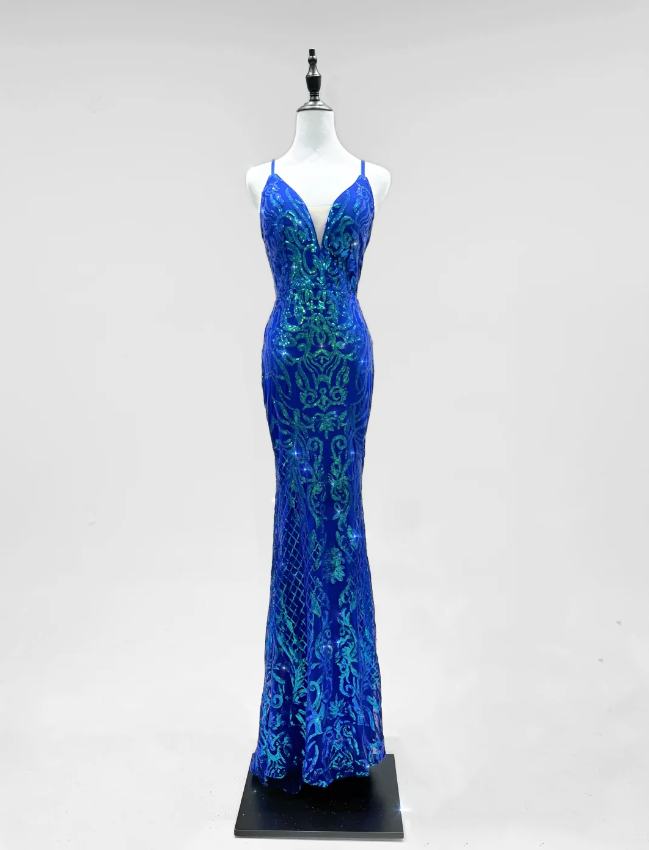 Luxurious Royal Blue Mermaid V-Neck Sequined Long Prom Dresses Evening Dresses Secondary image