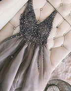 Luxurious Sequins Beaded V Neck Tulle Homecoming Dress Short Prom Dresses