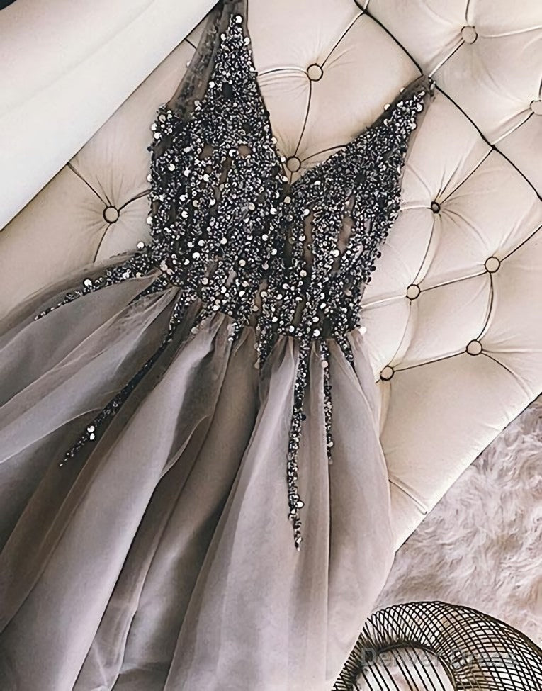 Luxurious Sequins Beaded V Neck Tulle Homecoming Dress Short Prom Dresses