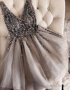 Luxurious Sequins Beaded V Neck Tulle Homecoming Dress Short Prom Dresses
