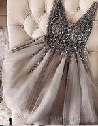 Luxurious Sequins Beaded V Neck Tulle Short Gray Homecoming Dresses