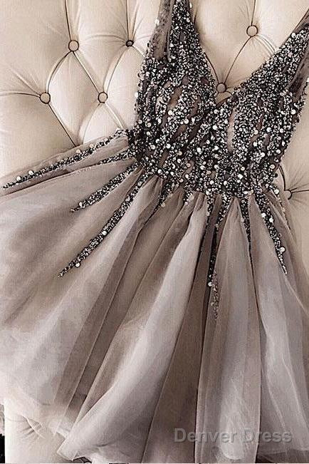 Luxurious Sequins Beaded V Neck Tulle Short Gray Homecoming Dresses