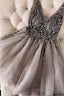 Luxurious Sequins Beaded V Neck Tulle Short Gray Homecoming Dresses