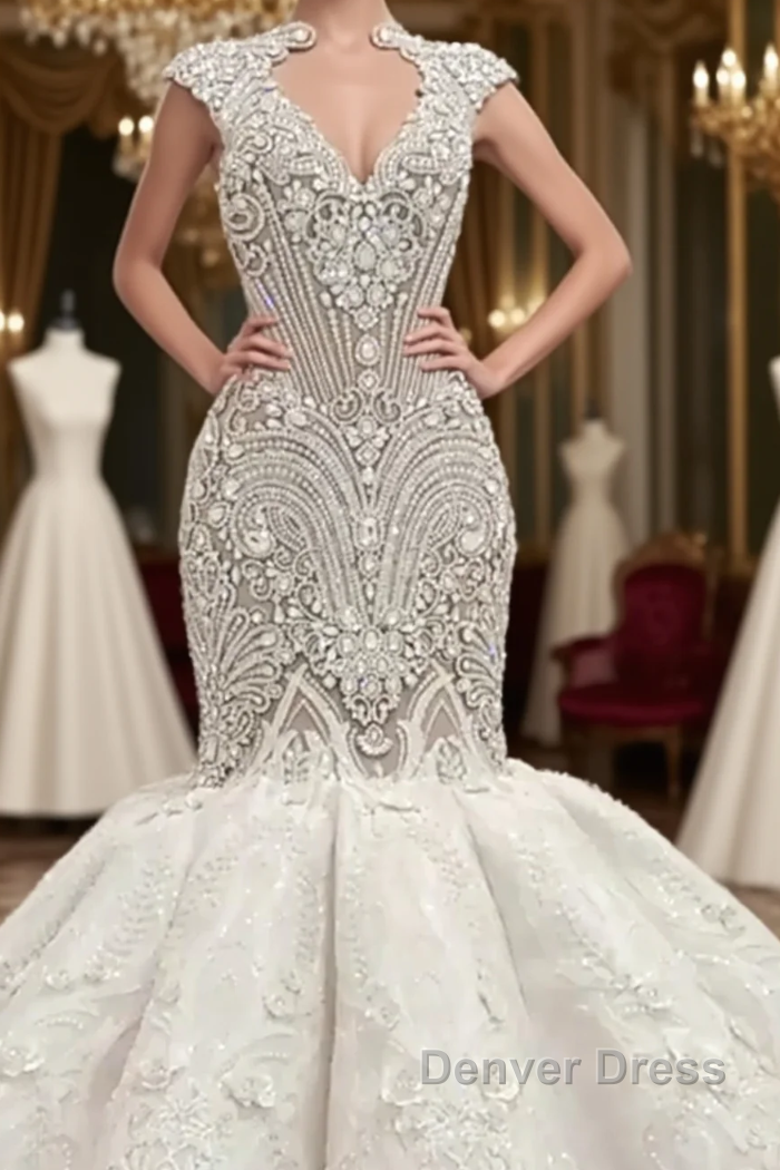 Luxurious Sleeveless Appliques Rhinestones Mermaid Wedding Bridal Gown