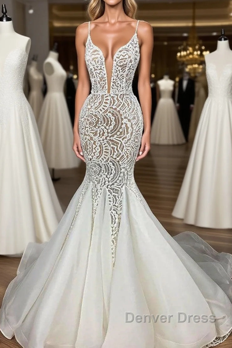 Luxurious Spaghetti Strap Plugging V neck White Sleeveless Mermaid Hollow Wedding Dresses Main image