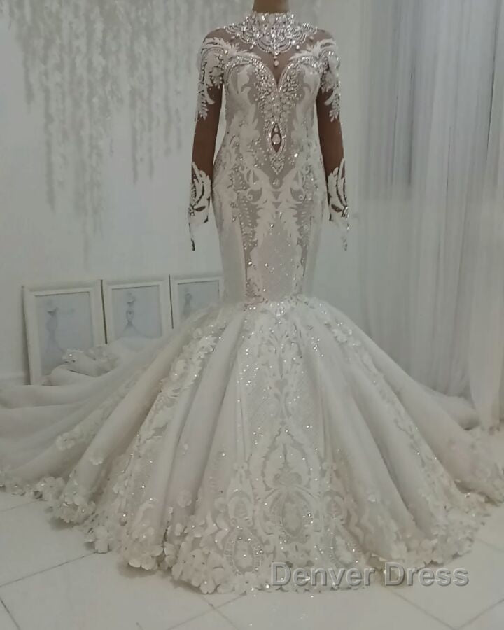 Luxurious Sparkle Beaded High neck Fit and Flare Mermaid Wedding Dresses Secondary image